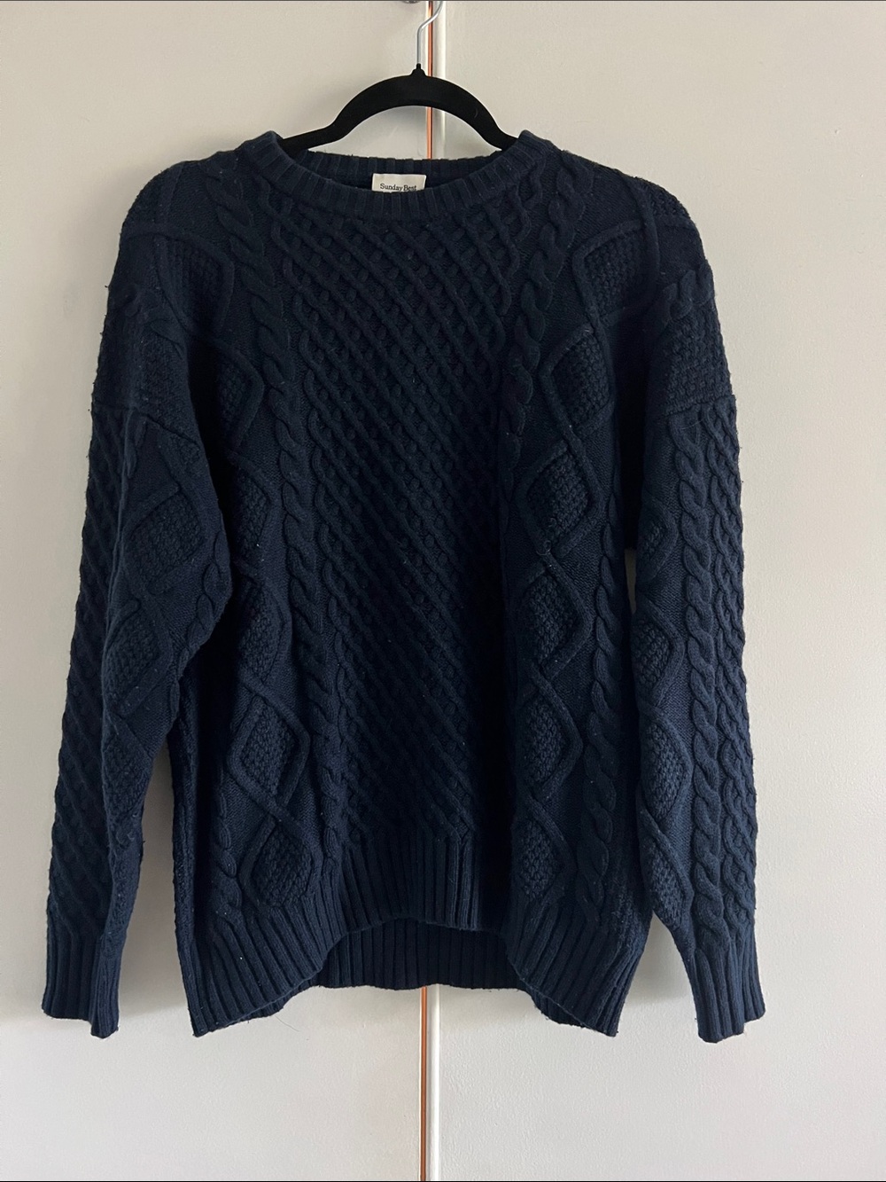 Sunday Best Navy Cable-Knit Crewneck Wool Sweater